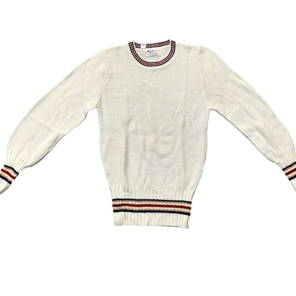 Vintage Cream Textured LS Knit Sweater Stripe Trim, Collar, Sleeves & Waist Band